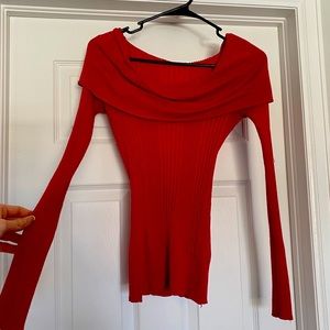Red Ribbed Off the Shoulder Sweater